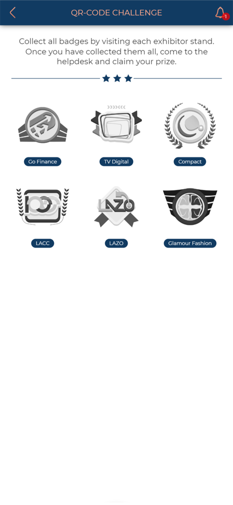 KENES Congresses - La schermata della Sfida Codice QR nell'app Kenes Congressi che visualizza badge da raccogliere dagli espositori.