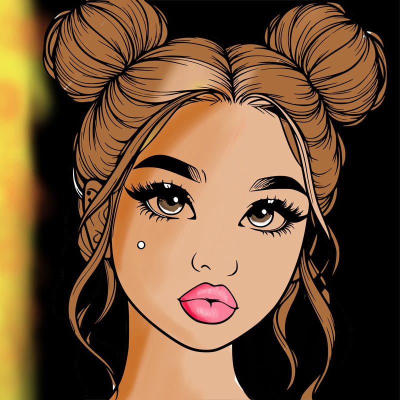 realistic girl with two buns on her hair and lips