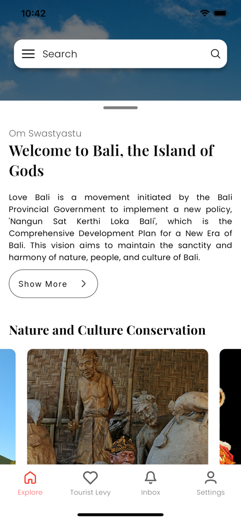 The explore page of the Love Bali mobile app showing a welcome message and information about cultural conservation.