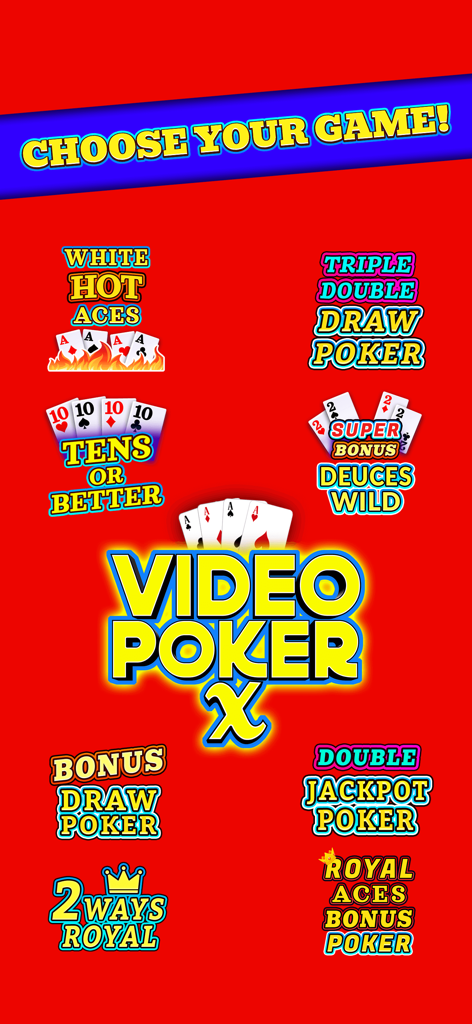 Tela de seleção de jogos para Video Poker X mostrando várias variantes clássicas de pôquer de cassino