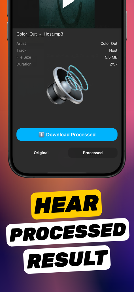 Increase Volume Sound - Écran de l'application Augmenter le Volume Sonore affichant un fichier audio traité et le bouton de téléchargement