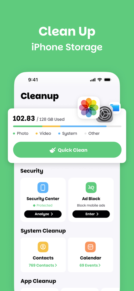 Deep Cleaner 앱 대시보드가 저장 공간 사용량 분석과 iPhone 최적화를 위한 빠른 정리 버튼을 보여줍니다.