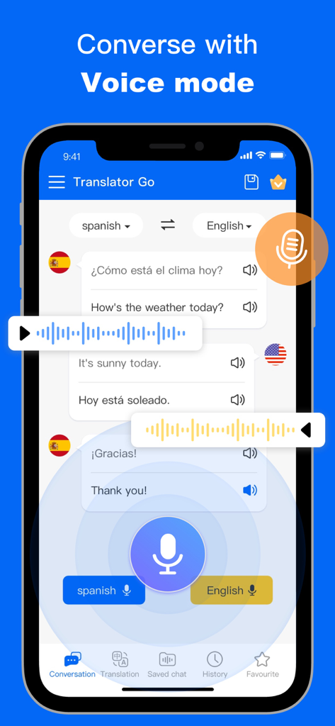Die Benutzeroberfläche der Translator Go-App zeigt die Sprachübersetzung zwischen Spanisch und Englisch