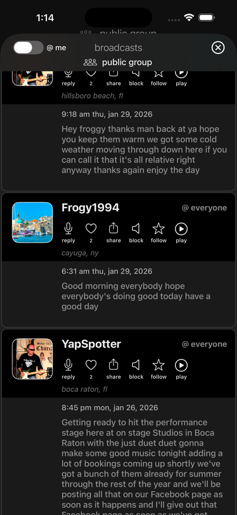 A screen from the YapSpot app showing a feed of transcribed public audio broadcasts with user profiles and locations