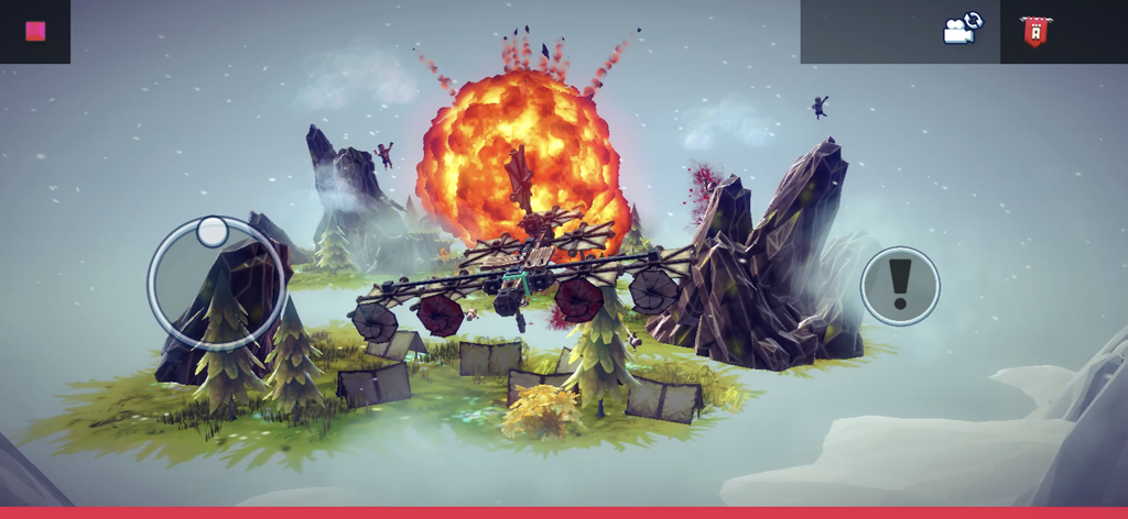 Besiege Mobile - 小さな島の上で大きなオレンジ色の爆発から離れて飛んでいる、Besiege Mobileの機械式飛行機械。