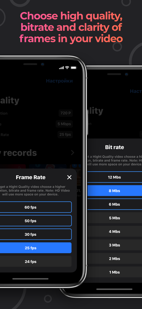 Interface de um aplicativo mobile mostrando opções de menu para selecionar taxa de quadros e taxa de bits de vídeo no aplicativo StartRec