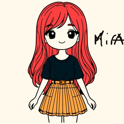 a girl wearing a shirt and skirt, with long hair