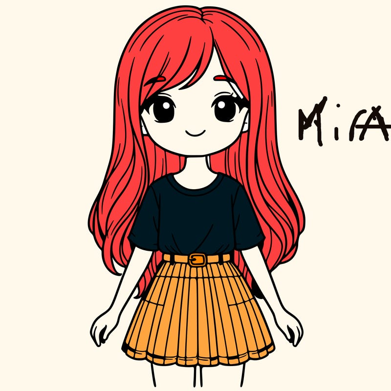 a girl wearing a shirt and skirt, with long hair