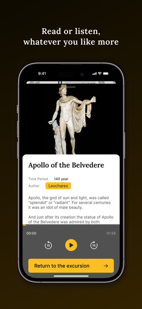 Vatican Museums audioguide app interface showing the Apollo of the Belvedere statue with audio and text guide options