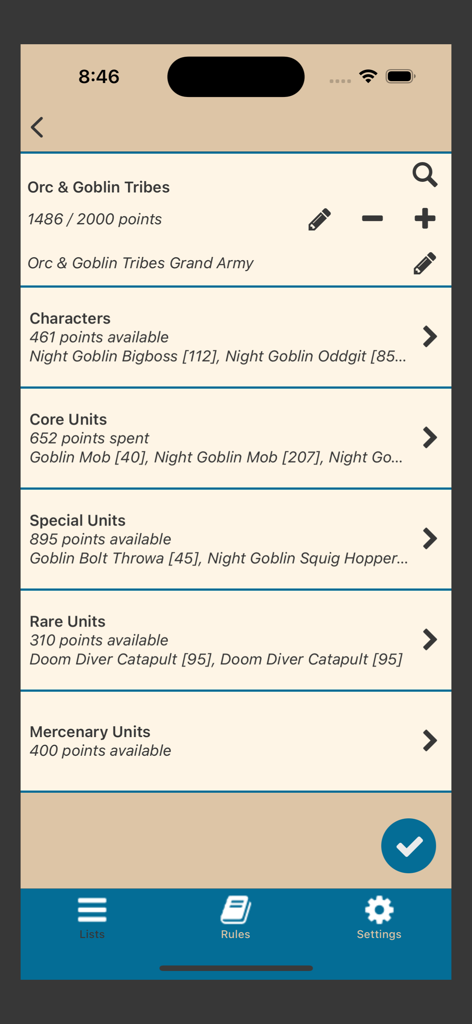 Army list builder interface for Orc and Goblin Tribes showing point allocation for characters and units