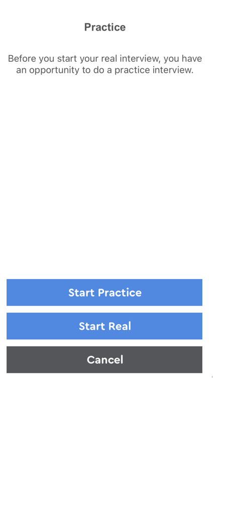 A mobile screen showing options to start a practice interview or the real video interview