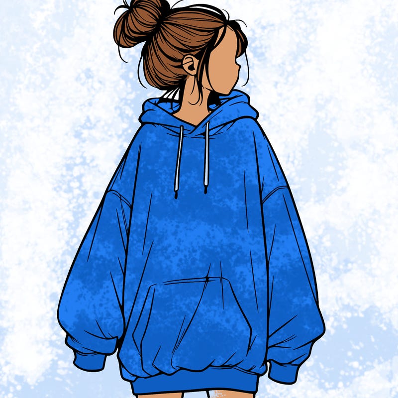 realistic girl with a oversized sweatshirt on and a bun