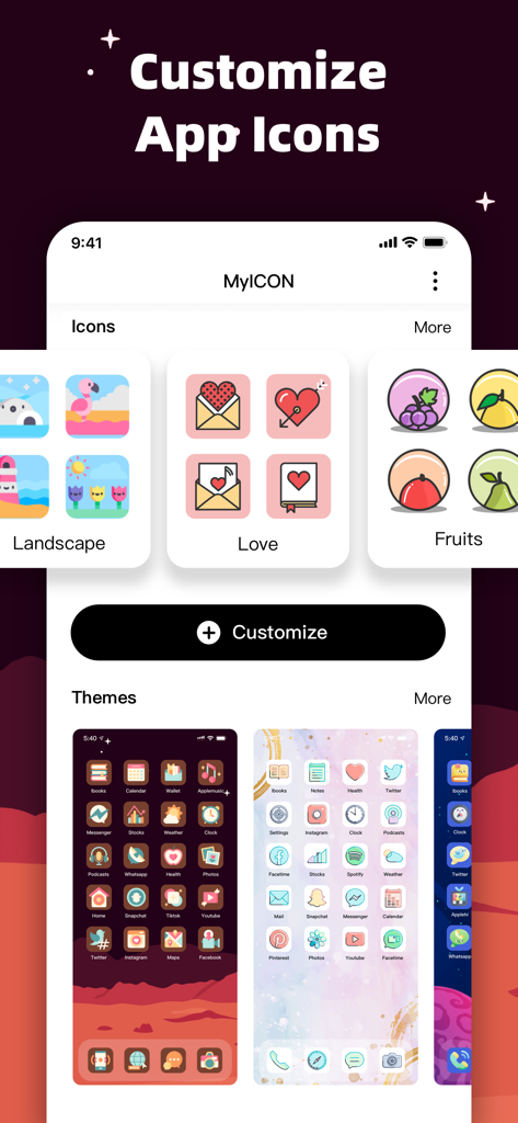 MyICON Changer – Icon Themer - MyICON app interface displaying various aesthetic icon packs and home screen themes for phone customization.