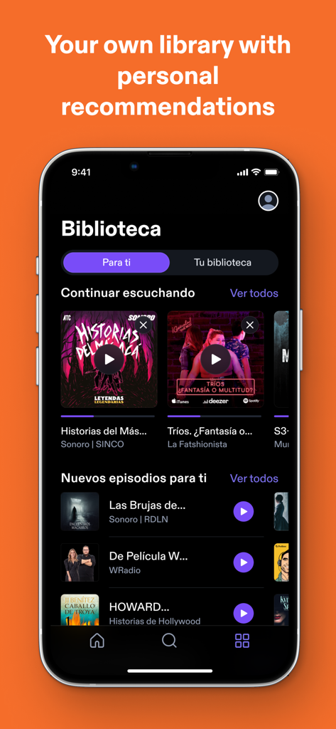 Podimo: Podcasts & audiobooks - Podimo-App-Bildschirm, der den Bibliotheksbereich mit personalisierten Podcast-Empfehlungen anzeigt