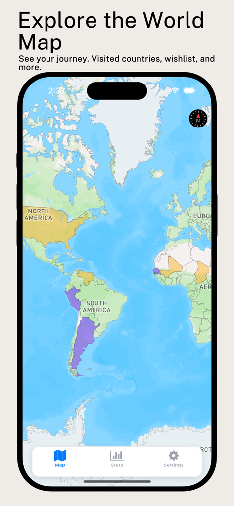 World Country Tracker Been-Map - A screenshot of the World Country Tracker app showing an interactive world map with countries color-coded to track travel journeys and wishlists.