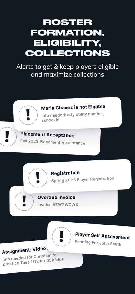 ALBION Connect - ALBION Connect mobile app screen displaying alerts for player eligibility, registration, and overdue invoices.