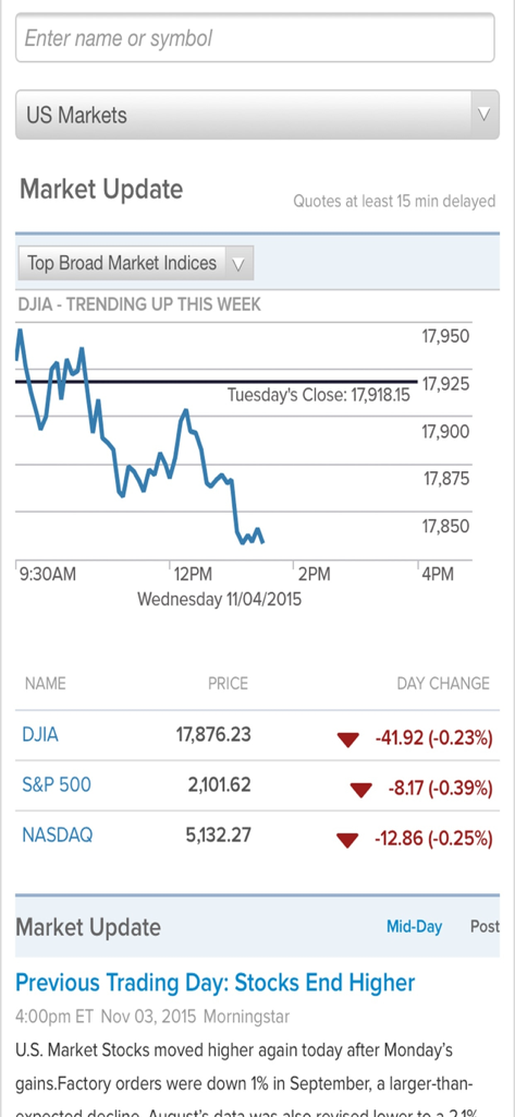 NetXInvestor™ Mobile - La interfaz de la aplicación móvil NetXInvestor que muestra índices del mercado bursátil y un gráfico de rendimiento del DJIA.