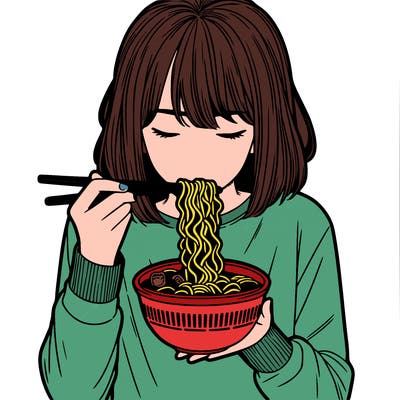 a girl realistic eating ramen noodles