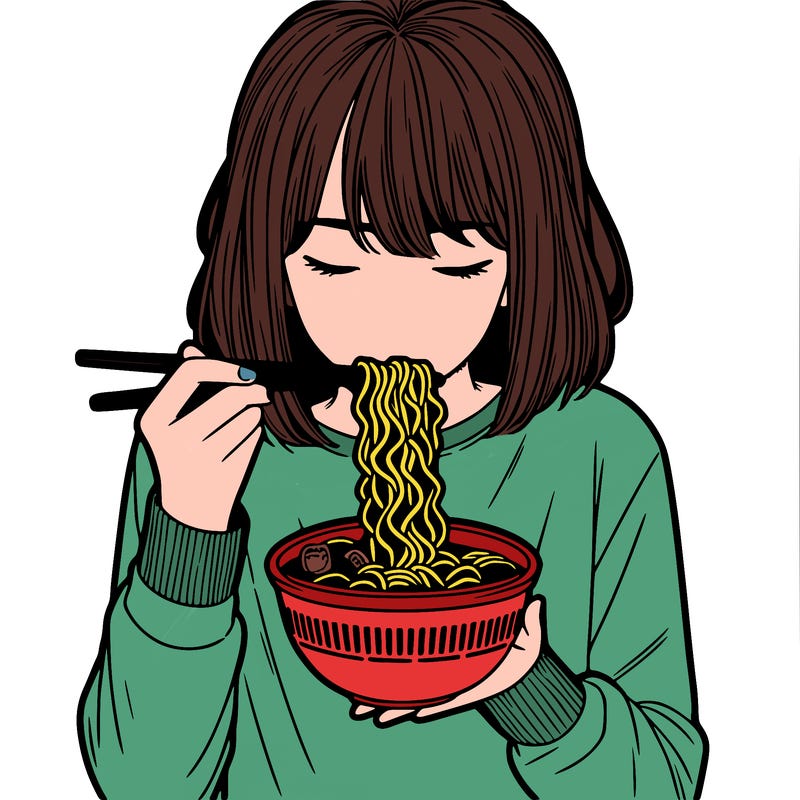 a girl realistic eating ramen noodles