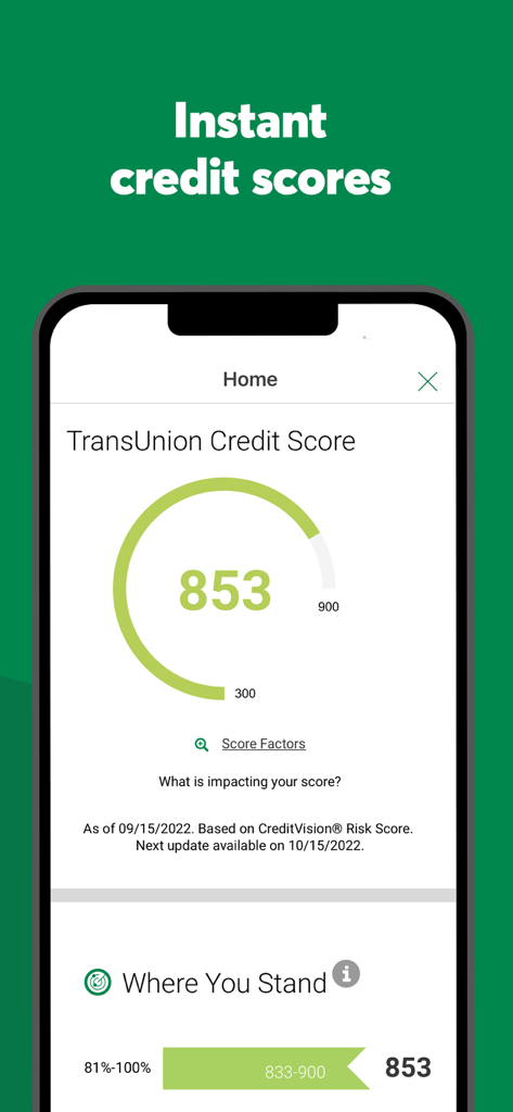 Desjardins mobile services - Smartphone-Bildschirm zeigt einen sofortigen TransUnion-Kredit-Score in der Desjardins Mobile App.