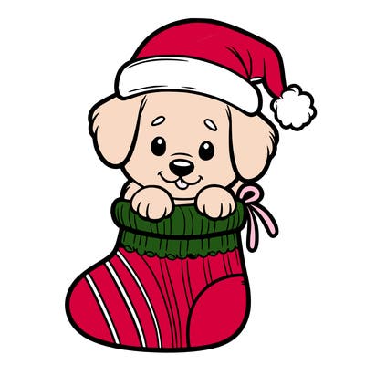 cute puppy wearing santa hat in socking