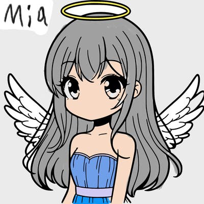 manga girl character with angel wings and a halo with mouth