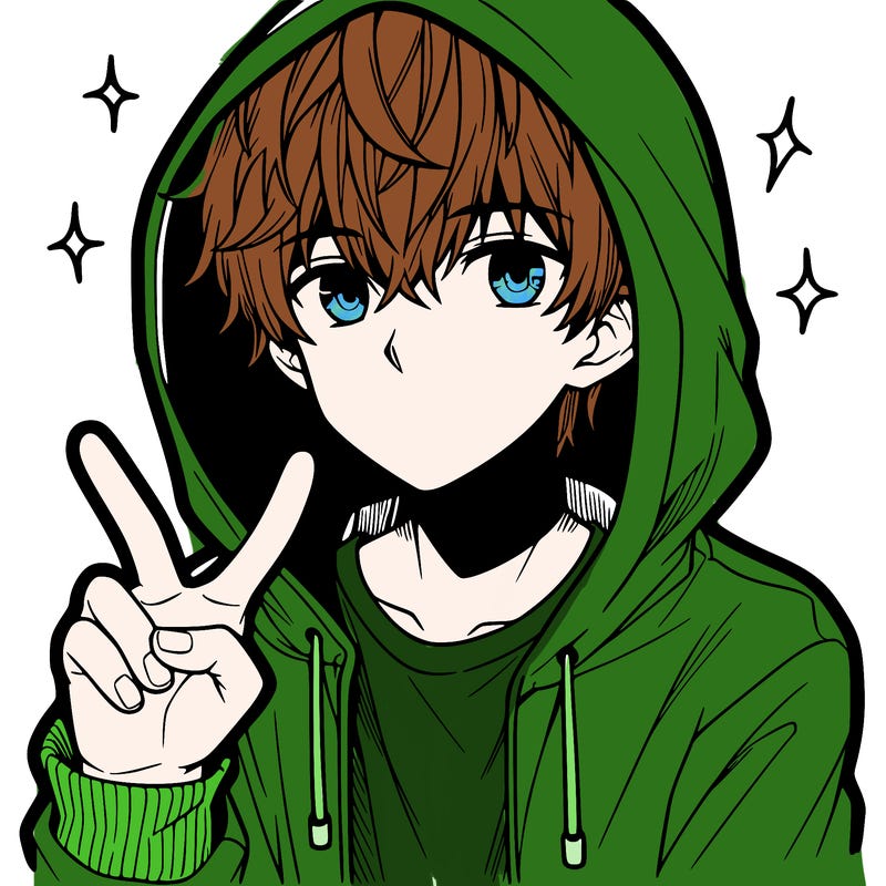 teenage manga boy in a hoodie, doing ✌