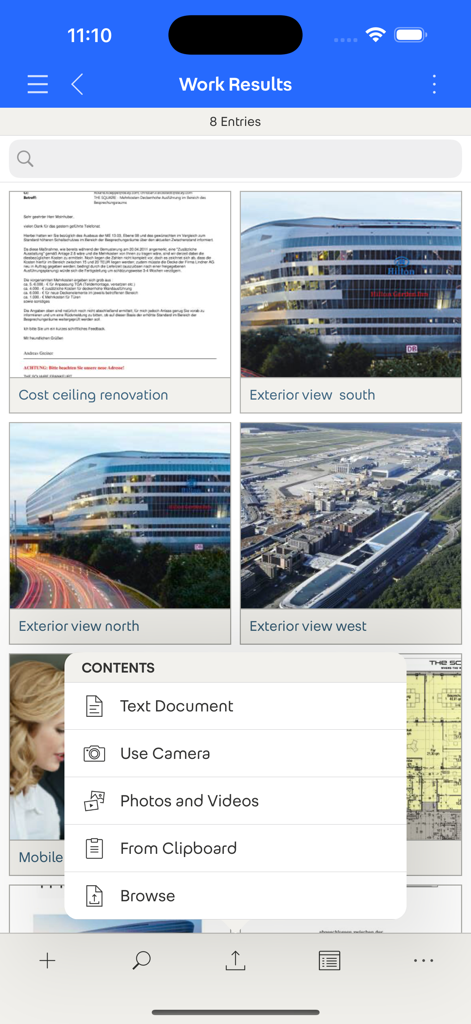 Fabasoft - Fabasoft-App zeigt Arbeitsergebnisse und ein Dateiupload-Menü mit Optionen wie Textdokument und Kamera an