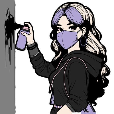 realistic girl with mask spray painting a wall