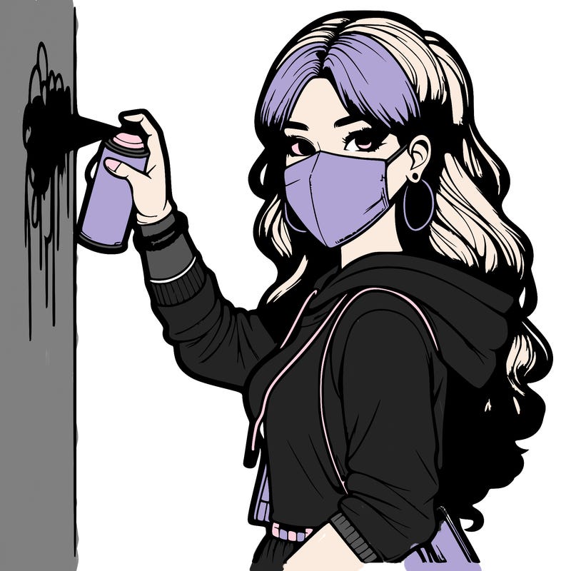 realistic girl with mask spray painting a wall