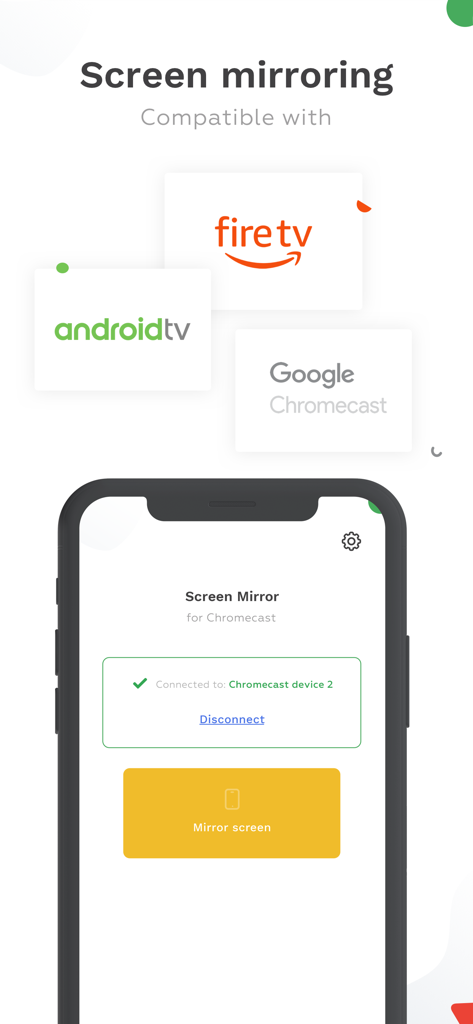 TV Cast Mirror for Chromecast - iPhone screen mirroring app interface showing compatibility with Fire TV and Google Chromecast