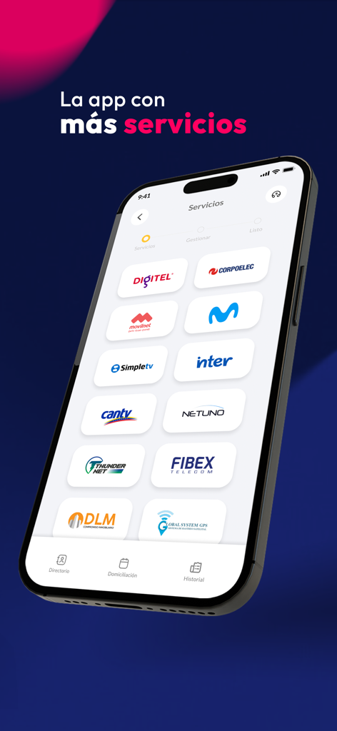 PagoDirecto - Interfaz de la aplicación móvil PagoDirecto que muestra varias opciones de pago de servicios públicos y de telecomunicaciones, incluyendo Digitel, Movistar y CORPOELEC.