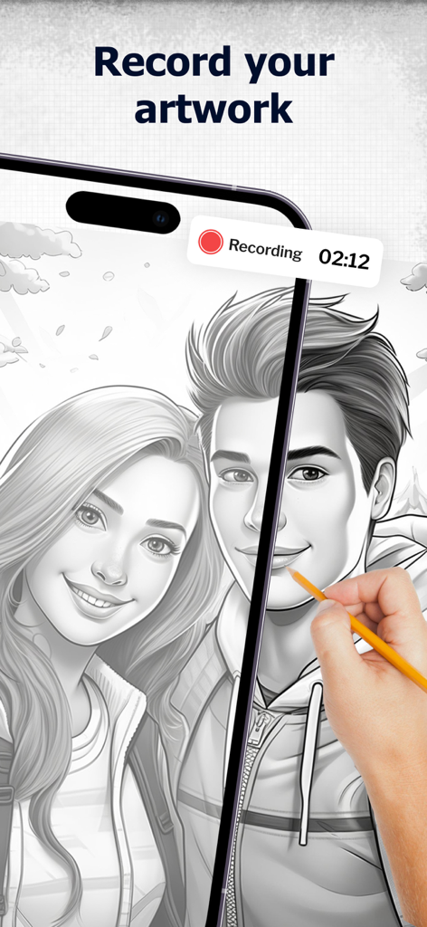 Photo Sketch Maker: Drawing - A user recording their drawing process of a pencil sketch portrait on a smartphone screen.