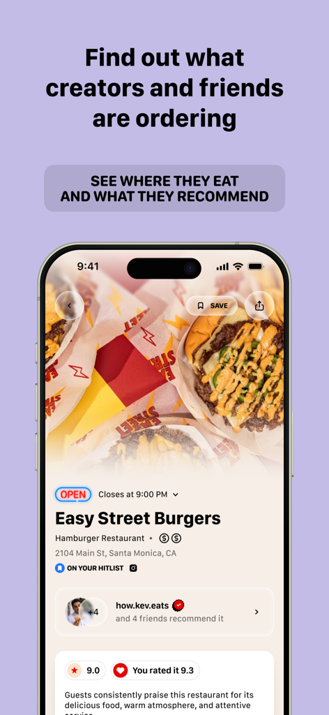 The Biter App - A mobile screen showing restaurant reviews and creator recommendations on The Biter App
