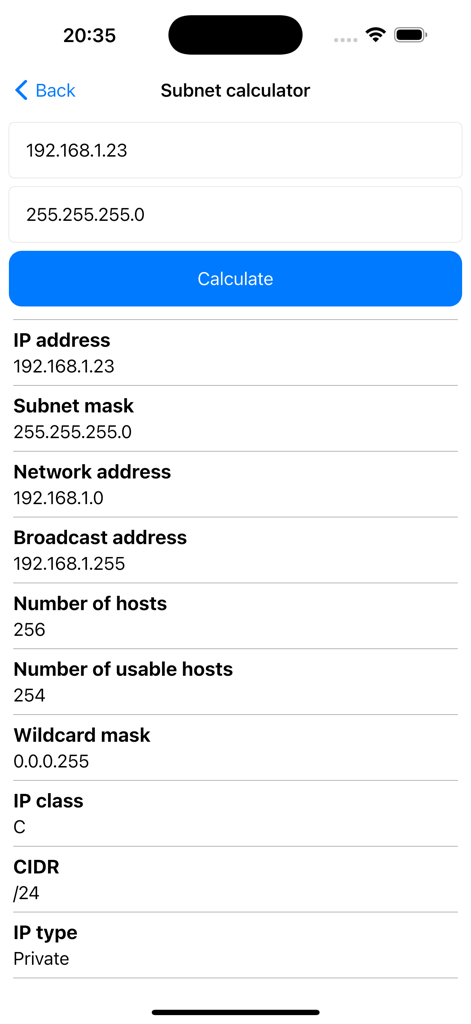 Oberfläche des Subnetzrechners in der NetTools-App mit Netzwerkdetails für eine private IP-Adresse