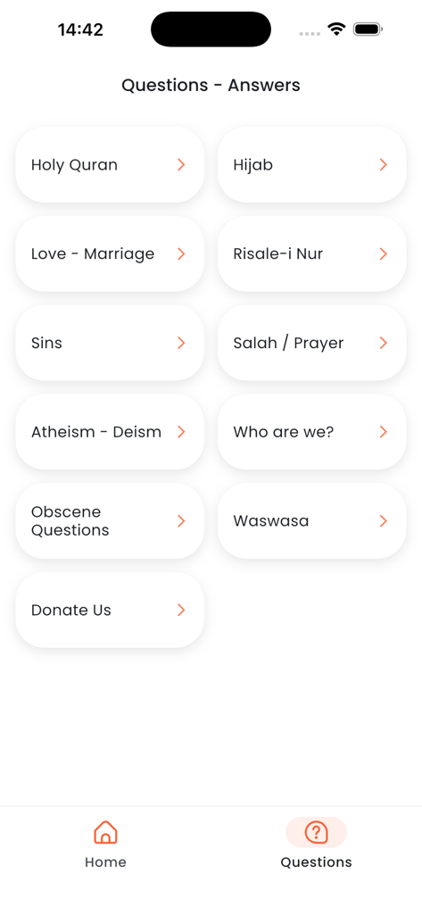 Step Islam - Tela do aplicativo Step Islam exibindo várias categorias de perguntas e respostas islâmicas para os alunos
