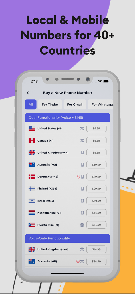 GSM+ Second Phone Number - Pantalla de la aplicación GSM plus que enumera números de teléfono internacionales para varios países y servicios