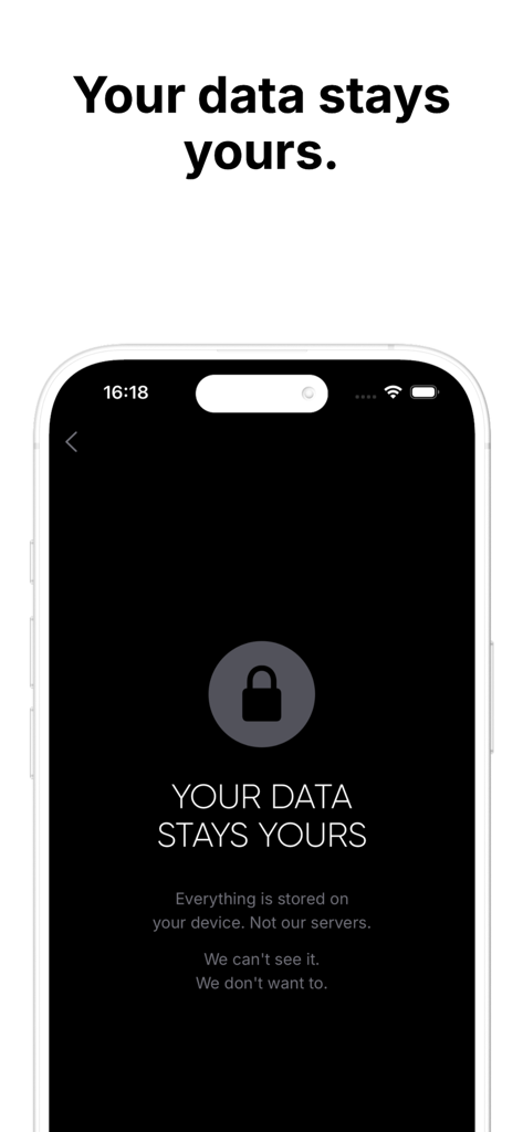 less. Drink less & Stay Sober - App screen showing privacy commitment that user data stays on the device and not on servers