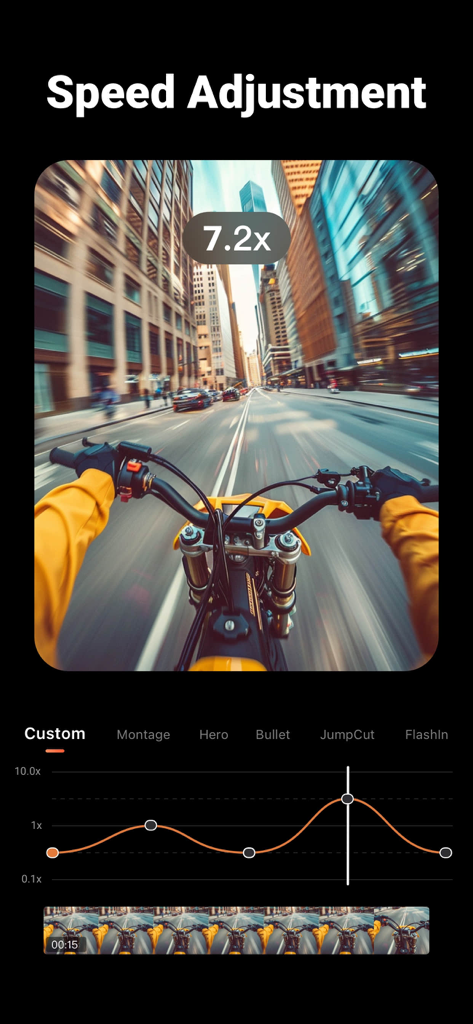 Speed adjustment interface in VideoShow app with a motorcycle video and custom speed curve