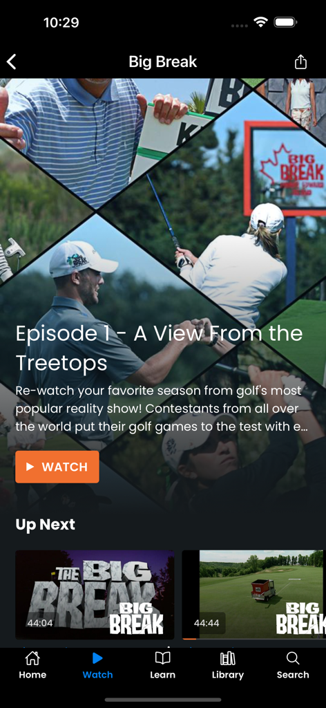 GolfPass - GolfPass app interface featuring a video stream of the Big Break reality show