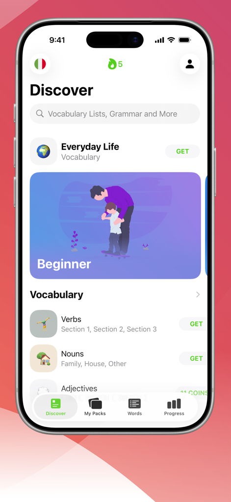 La schermata Discover dell'app di apprendimento linguistico LENGO con categorie di vocabolario per principianti e lezioni