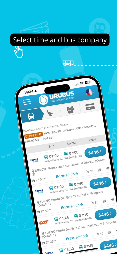 URUBUS - URUBUS mobile app showing bus schedules and ticket prices from Montevideo to Punta del Este