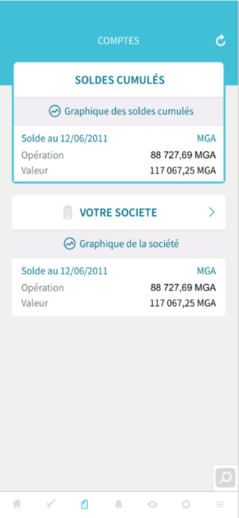 Interface de l'application BNI CashNet affichant les soldes cumulés des comptes professionnels en MGA