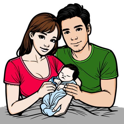 a realistic mother and father with their newborn baby
