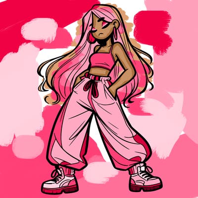 girl in baggy pants crop top and long hair