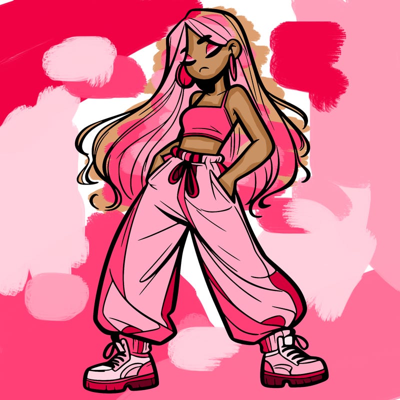 girl in baggy pants crop top and long hair