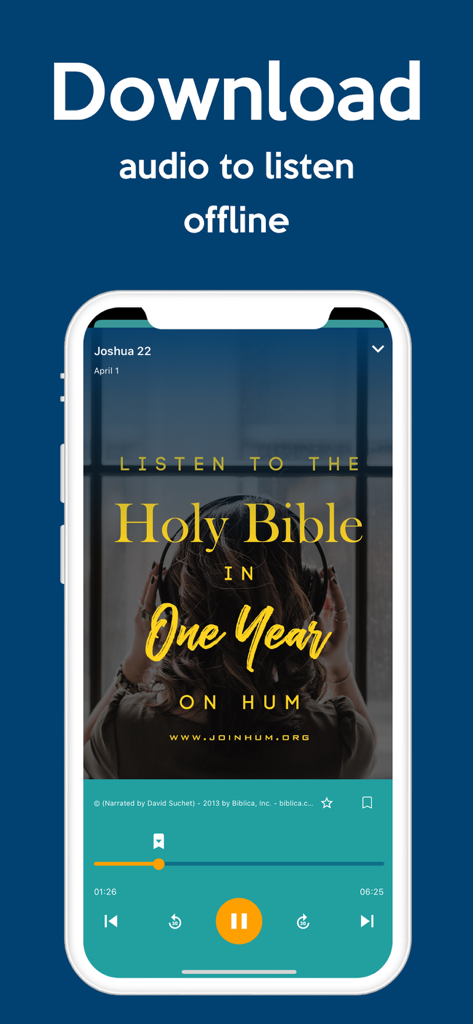 HUM Audio Bible app interface showing the option to download audio for offline listening