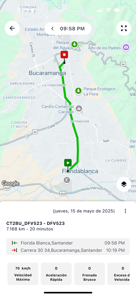 Monitoreo de Flotas SURA - Kartenansicht in der Flottenüberwachungs-App von SURA, die eine Fahrzeugroute von Floridablanca nach Bucaramanga mit Fahrstatistiken zeigt.