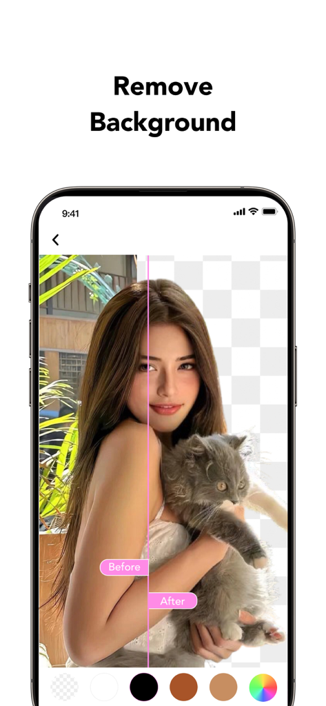 GlowCam AI背景削除機能の、前後の比較。猫を持つ女性で、背景が透明なグリッドに置き換えられている様子を表示。