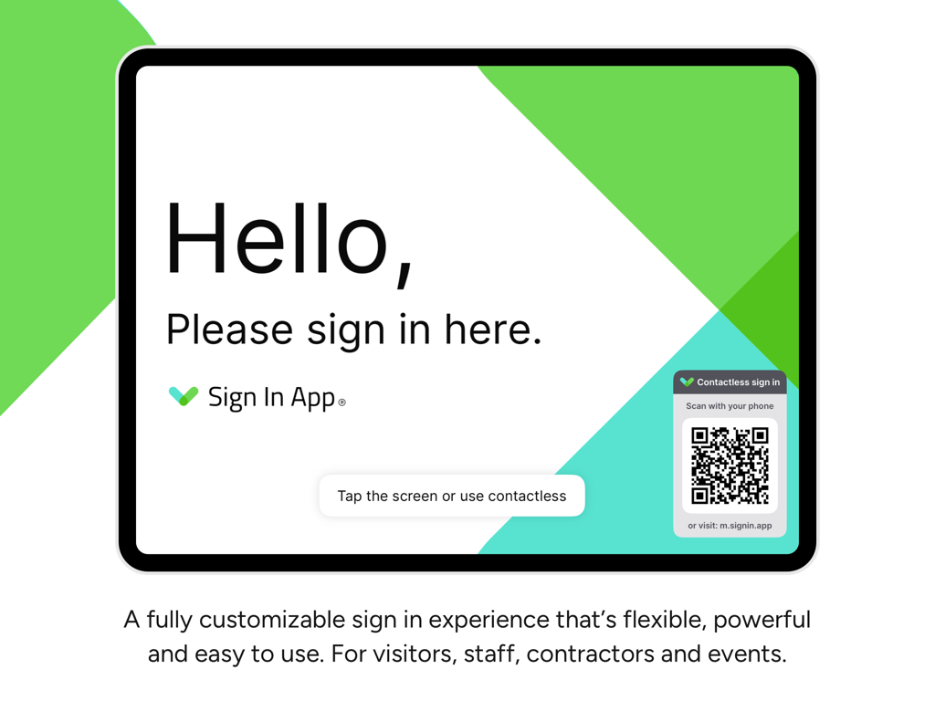 Interface de gestion des visiteurs de l'application Sign In sur iPad, comprenant un écran de bienvenue et un code QR pour une connexion sans contact.